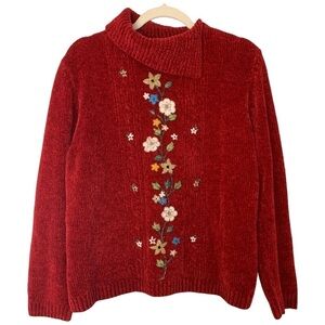 Alfred Dunner Women’s Floral Embroidered Chenille Pullover Read  Sweater Grandma